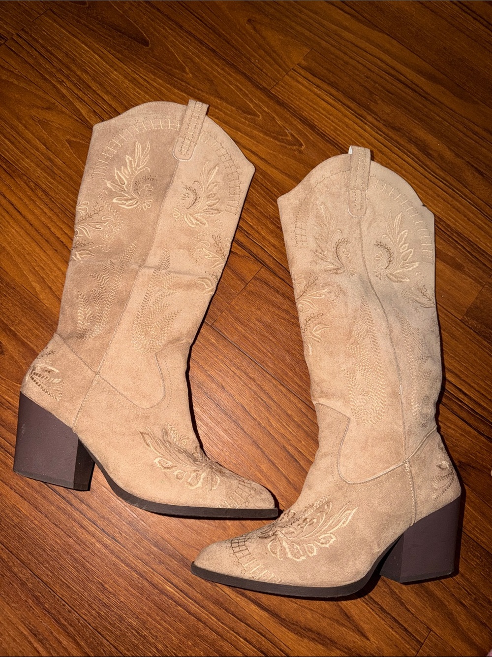 Suede Western Knee-High Boots in Light Beige - Women